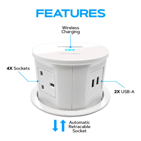Retractable Pop Up Sockets w/ QI Wireless Charging Pad - 4x UK Plugs + 2x USB Ports