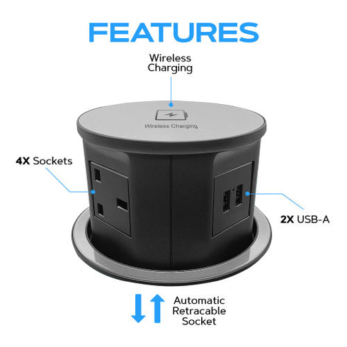 Retractable Pop Up Sockets w/ QI Wireless Charging Pad - 4x UK Plugs + 2x USB Ports