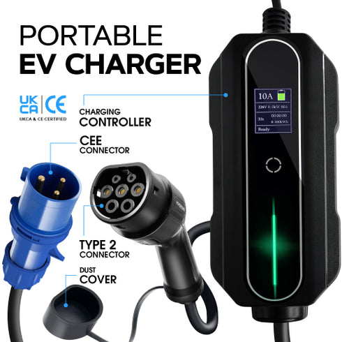 Type 2 Portable EV Charger | 5 to 8 Metres | CEE to Type 2 | 10A to 32A Variable | 7.4kW