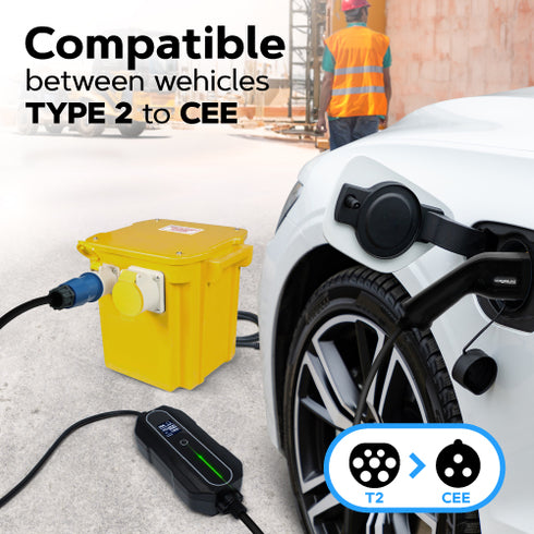 Type 2 Portable EV Charger | 5 to 8 Metres | CEE to Type 2 | 10A to 32A Variable | 7.4kW