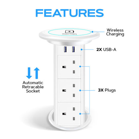 Motorised Retractable Pop Up Sockets w/ QI Wireless Charging Pad + 2x USB Ports + 3x UK Plugs
