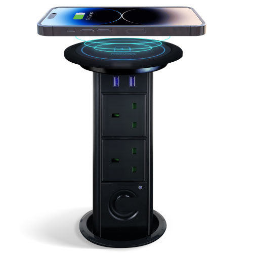 Motorised Retractable Pop Up Power Sockets w/ Bluetooth Speaker + QI Wireless Charging Pad + 2x USB Ports + 2x UK Plug (Black)
