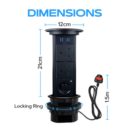 Motorised Retractable Pop Up Power Sockets w/ Bluetooth Speaker + QI Wireless Charging Pad + 2x USB Ports + 2x UK Plug (Black)