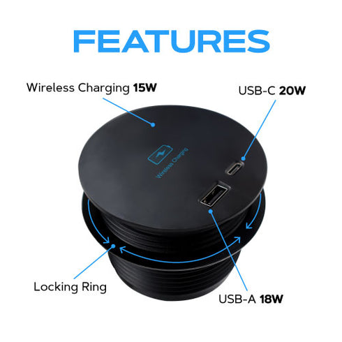 Wireless 15W Fast Charging Pad w/ 1x USB-A + 1x USB-C Port (Black)