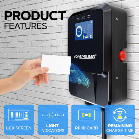 Oasis - RFID LCD EV Wall Charger Type 2 Tethered with RFID & LCD Display | 32A/7.4kW | 5M