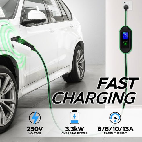 Type 2 Portable EV Charger | 3 to 10 Metre | UK 3-pin | 6A to 13A Variable | 3.3kW